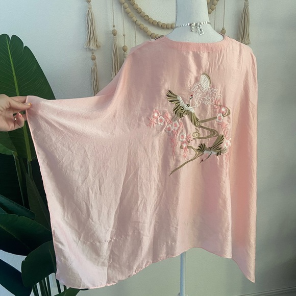 Anthropologie embroidered satin kimono shawl crane one size Japanese style - Picture 9 of 12